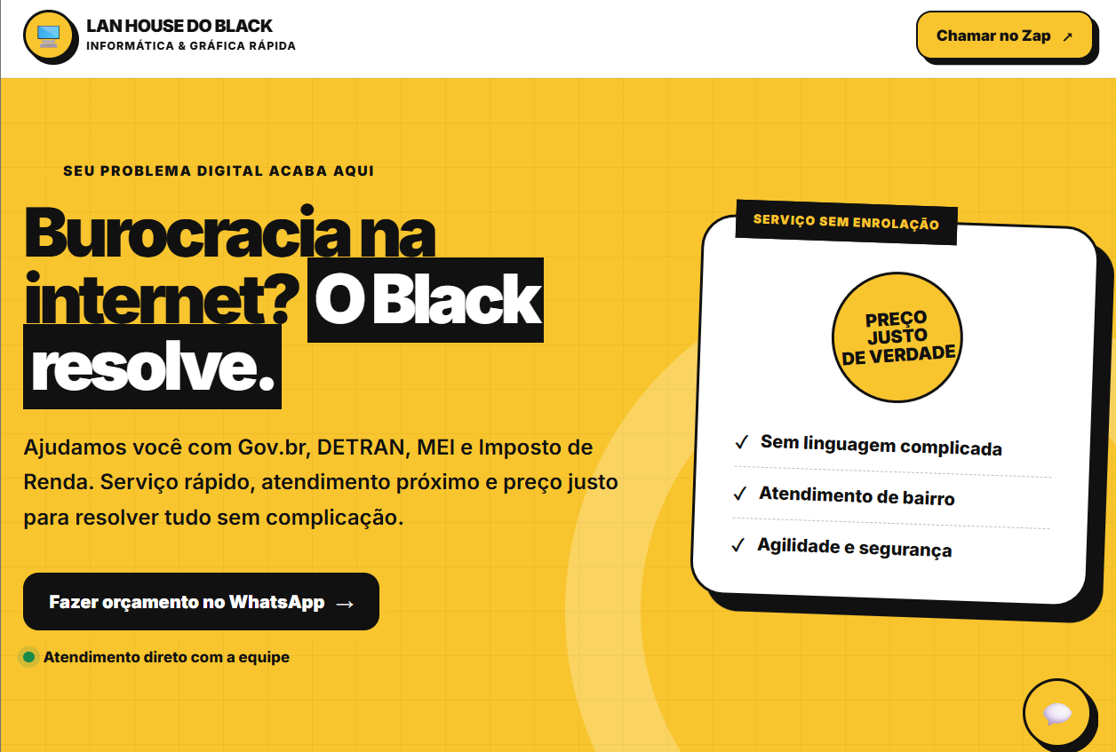 Landing page da Lan House do Black, com a chamada Burocracia na internet? O Black resolve.